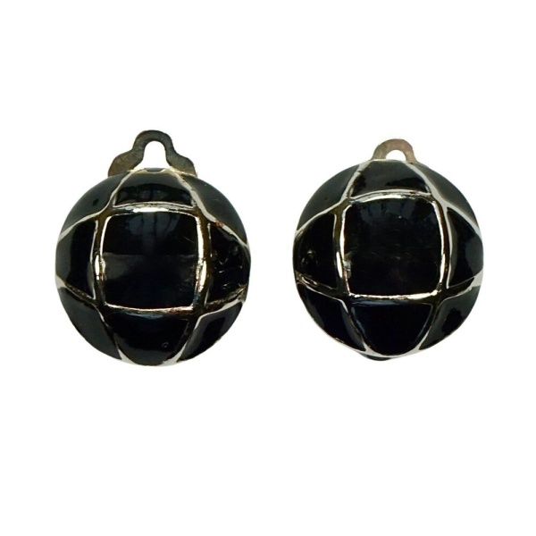 Silver Plated Black Enamel Round Clip On Earrings